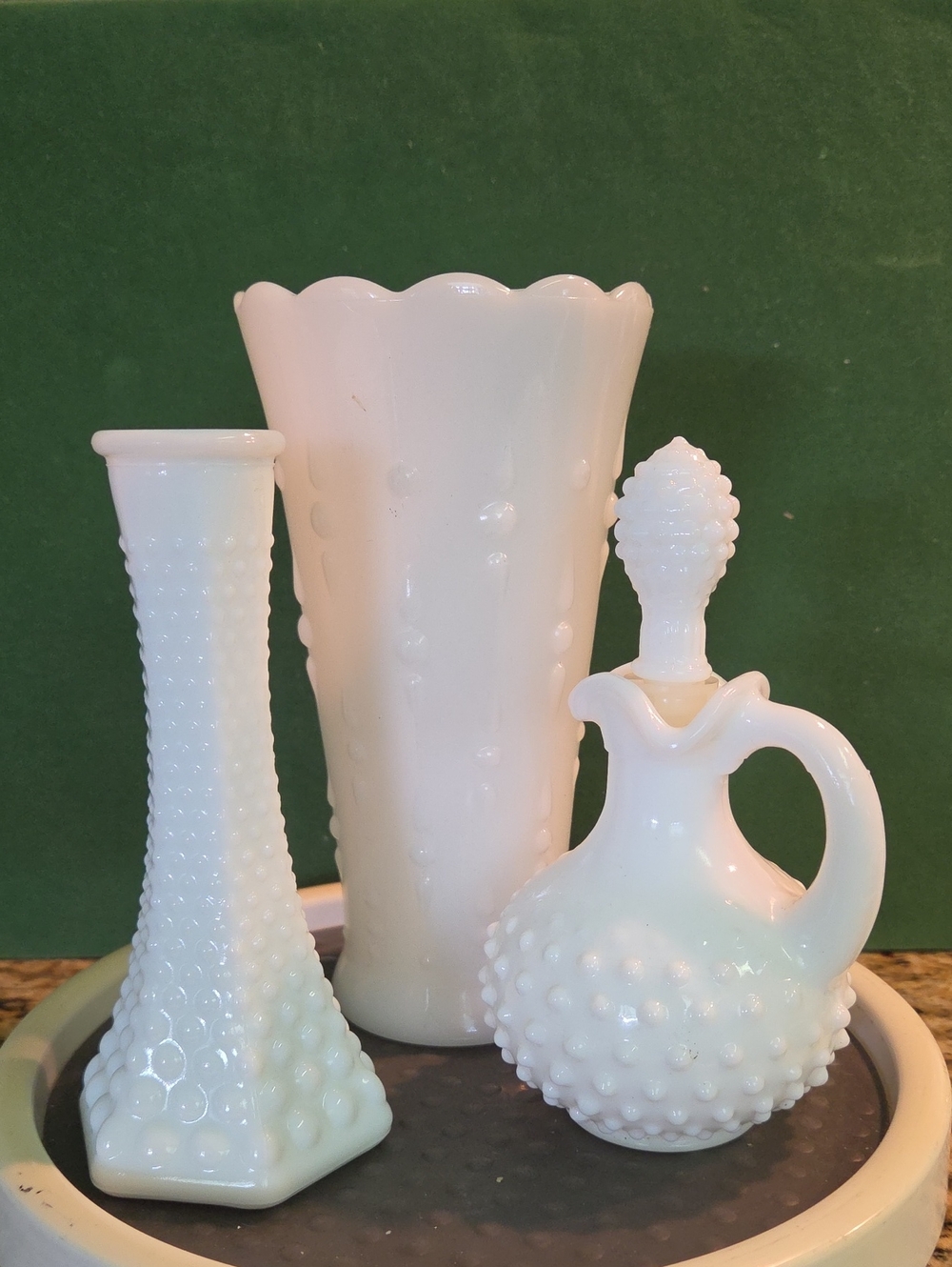 Milk Glass Hobnail Vase Cruet Bundle - White Home Accents